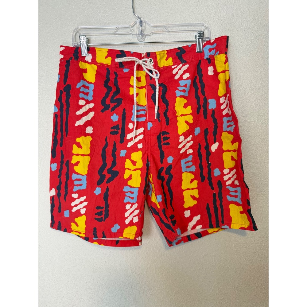 Vintage 90s Basic Gear Abstract Print Swim Trunks Red Yellow Blue Mens 36